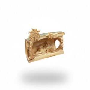 Hand-carved olive wood nativity set featuring the Holy Family, star, palm tree, and traditional Bethlehem craftsmanship.